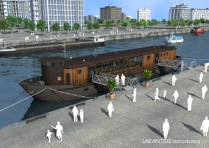 Floating restaurant on a river boat in urban area