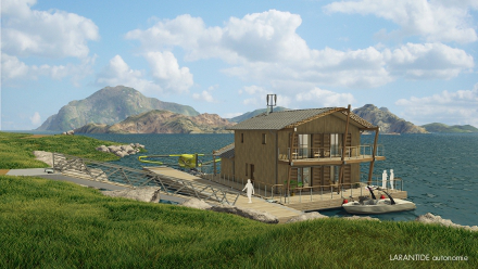 Bâtiment, habitat, maison flottante autonome pour aménagement de zone humide et inondable