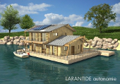 Bâtiment, habitat, maison flottante autonome pour aménagement de zone humide et inondable
